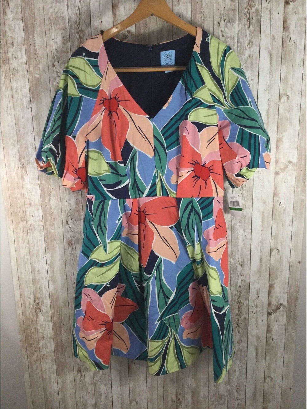 CECE Women's Big Floral Print Fit and Flare Dress Balloon Short Sleeves Large